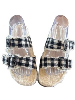 Madden Girl Women’s Butterfly  Black & White Plaid Fuzzy Slide Sandals
